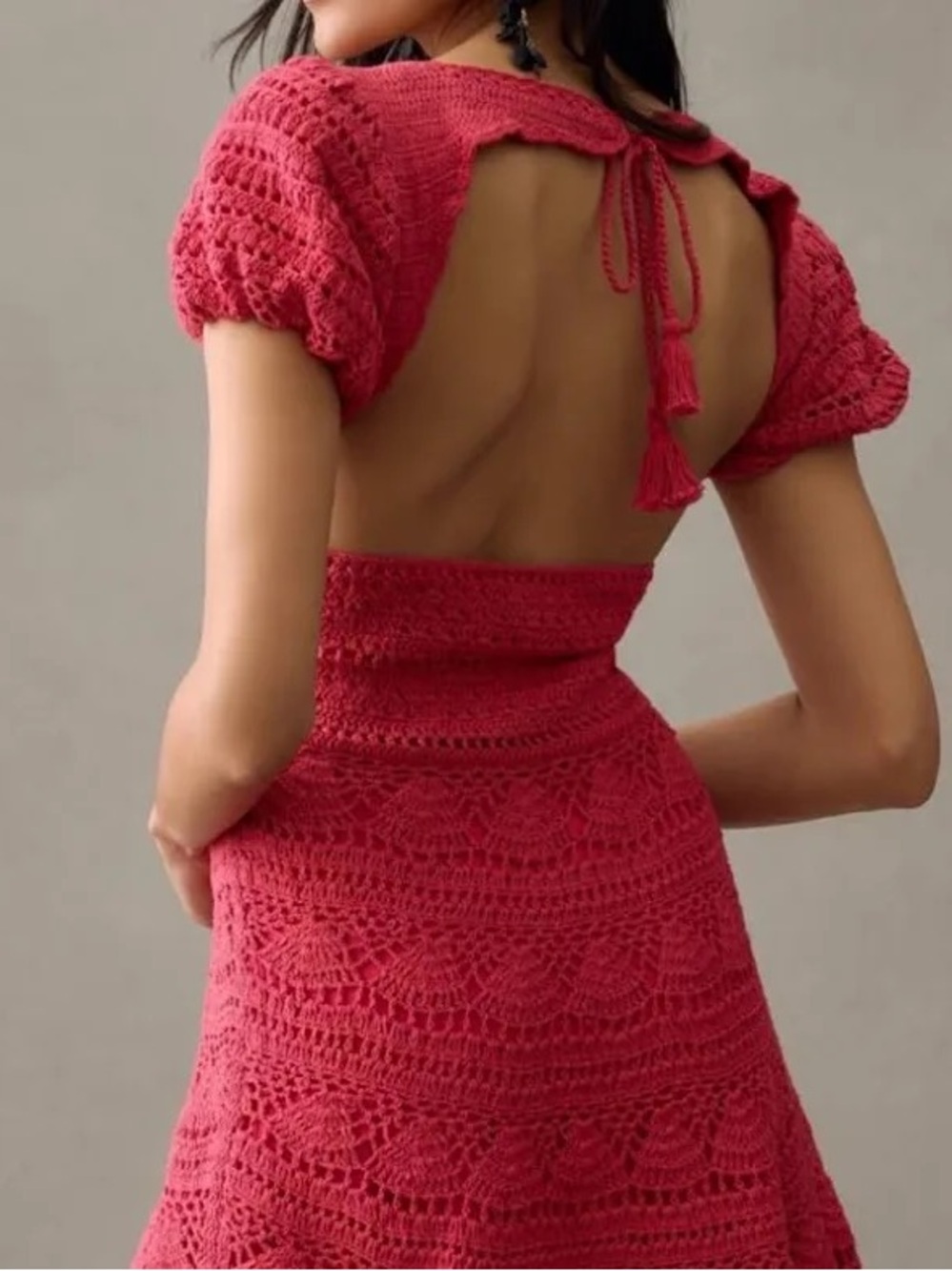 Crochet Deep V Mini Dress in Raspberry - Picture 2 of 5